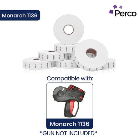 Perco Date Price Labels for Monarch 1136 - USE BY 1 Sleeve / 8 Rolls / 14000 Blank Pricing Labels With Bonus Ink Roll Incuded