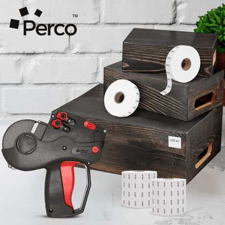 Perco Date Price Labels for Monarch 1136 - USE BY 3 Sleeves / 24 Rolls / 42000 Blank Pricing Labels With Bonus Ink Rolls Incuded