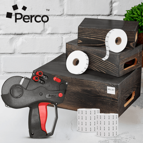 Perco Date Price Labels for Monarch 1136 - SELL BY Case of 8 Sleeves / 64 Rolls / 42000 Blank Pricing Labels With Bonus Ink Rolls Incuded