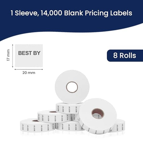 Perco Date Price Labels for Monarch 1136 - BEST BY 1 Sleeve / 8 Rolls / 14000 Blank Pricing Labels With Bonus Ink Roll Incuded