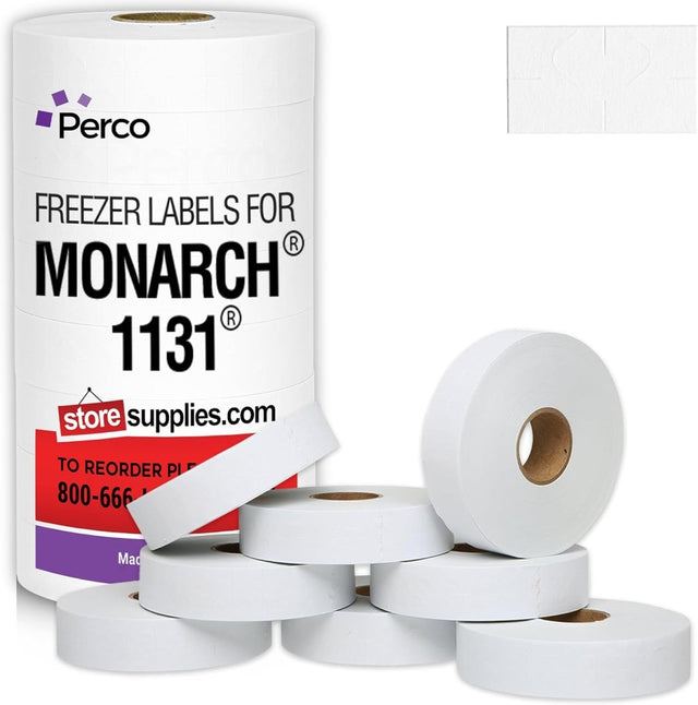 Perco Freezer Adhesive Price Labels for Monarch 1131 - 1 Sleeve / 8 Rolls / 20000 Blank Pricing and Date Labels