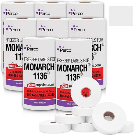 Perco Freezer Adhesive Price Labels for Monarch 1136 - Case of 8 Sleeves / 64 Rolls / 112000 Blank Pricing and Date Labels