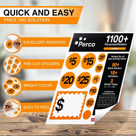 Perco Garage Price Stickers - 28 Sheets, 1100 Pre - Priced & Blank Stickers - Ideal for Yard Sales, Flea Markets, County Fairs & Retail Use - Store Supplies