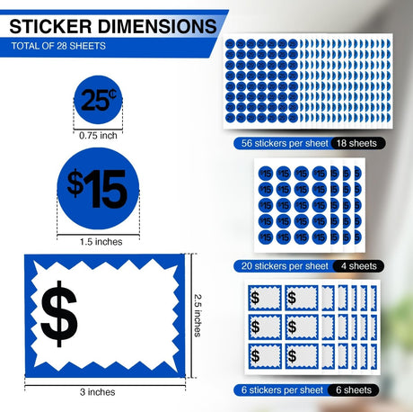 Perco Garage Price Stickers - 28 Sheets, 1100 Pre - Priced & Blank Stickers - Ideal for Yard Sales, Flea Markets, County Fairs & Retail Use - Store Supplies