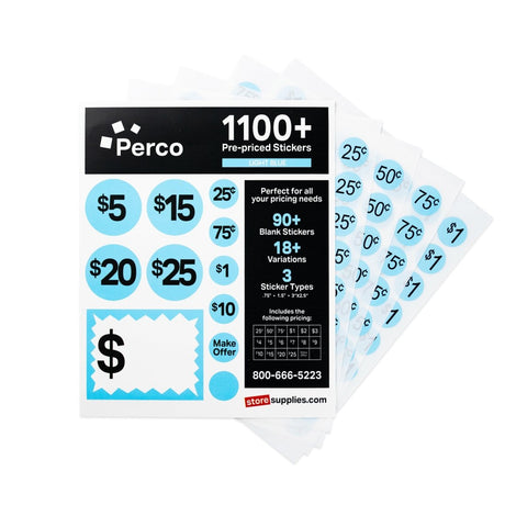 Perco Garage Price Stickers - 28 Sheets, 1100 Pre - Priced & Blank Stickers - Ideal for Yard Sales, Flea Markets, County Fairs & Retail Use - Store Supplies
