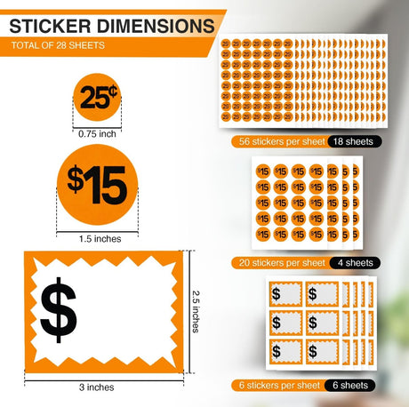 Perco Garage Price Stickers - 28 Sheets, 1100 Pre - Priced & Blank Stickers - Ideal for Yard Sales, Flea Markets, County Fairs & Retail Use - Store Supplies