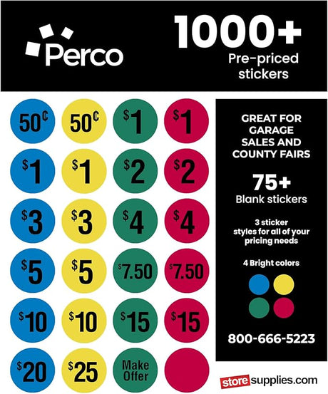Perco Garage Price Stickers - 28 Sheets, 1100 Pre - Priced & Blank Stickers - Ideal for Yard Sales, Flea Markets, County Fairs & Retail Use - Store Supplies