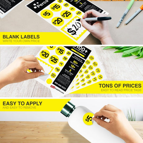 Perco Garage Price Stickers - 28 Sheets, 1100 Pre - Priced & Blank Stickers - Ideal for Yard Sales, Flea Markets, County Fairs & Retail Use - Store Supplies