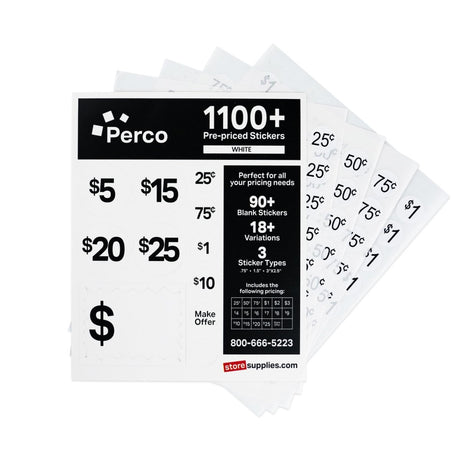 Perco Garage Price Stickers - 28 Sheets, 1100 Pre - Priced & Blank Stickers - Ideal for Yard Sales, Flea Markets, County Fairs & Retail Use - Store Supplies