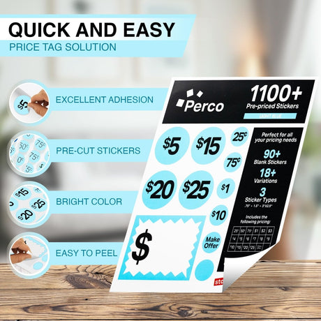 Perco Garage Price Stickers - 28 Sheets, 1100 Pre - Priced & Blank Stickers - Ideal for Yard Sales, Flea Markets, County Fairs & Retail Use - Store Supplies