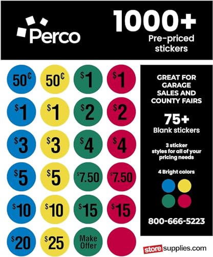 Perco Garage Price Stickers - 28 Sheets, 1100 Pre - Priced & Blank Stickers - Ideal for Yard Sales, Flea Markets, County Fairs & Retail Use - Store Supplies