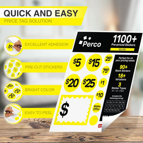 Perco Garage Price Stickers - 28 Sheets, 1100 Pre - Priced & Blank Stickers - Ideal for Yard Sales, Flea Markets, County Fairs & Retail Use - Store Supplies