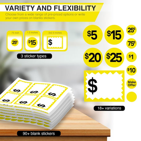 Perco Garage Price Stickers - 28 Sheets, 1100 Pre - Priced & Blank Stickers - Ideal for Yard Sales, Flea Markets, County Fairs & Retail Use - Store Supplies