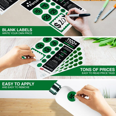 Perco Garage Price Stickers - 28 Sheets, 1100 Pre - Priced & Blank Stickers - Ideal for Yard Sales, Flea Markets, County Fairs & Retail Use - Store Supplies