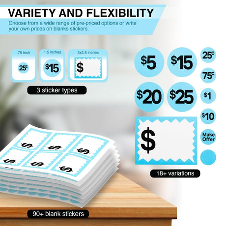 Perco Garage Price Stickers - 28 Sheets, 1100 Pre - Priced & Blank Stickers - Ideal for Yard Sales, Flea Markets, County Fairs & Retail Use - Store Supplies