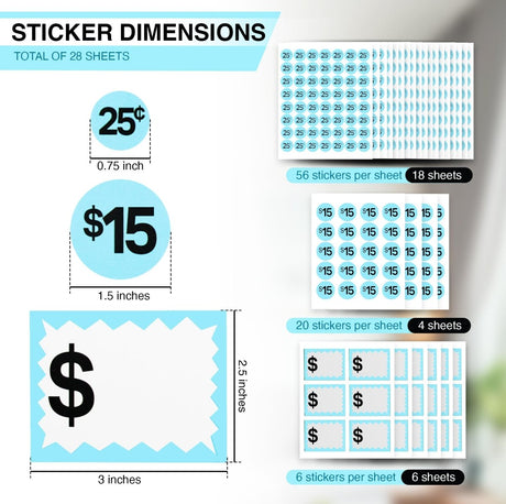 Perco Garage Price Stickers - 28 Sheets, 1100 Pre - Priced & Blank Stickers - Ideal for Yard Sales, Flea Markets, County Fairs & Retail Use - Store Supplies