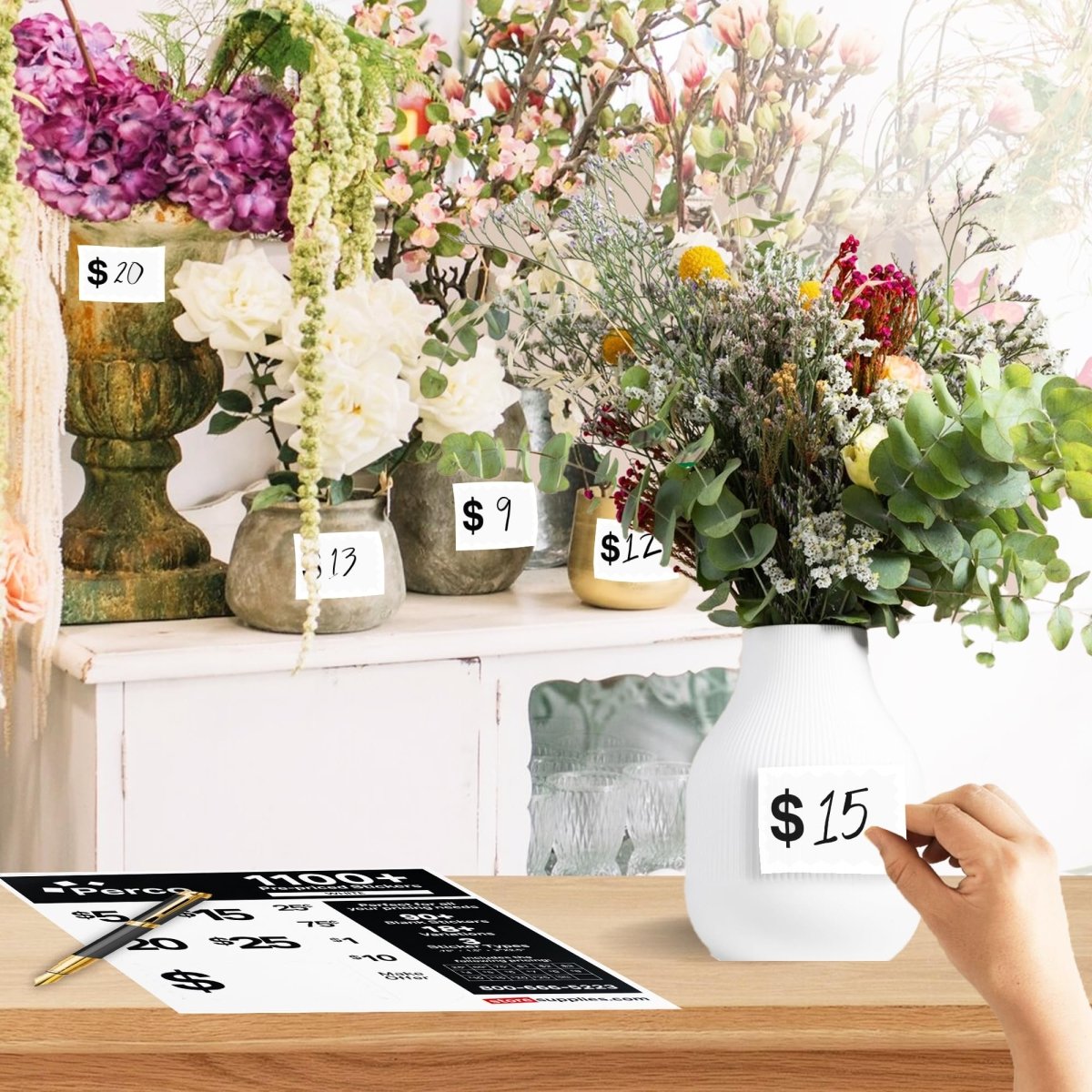 Perco Garage Price Stickers - 28 Sheets, 1100 Pre - Priced & Blank Stickers - Ideal for Yard Sales, Flea Markets, County Fairs & Retail Use - Store Supplies