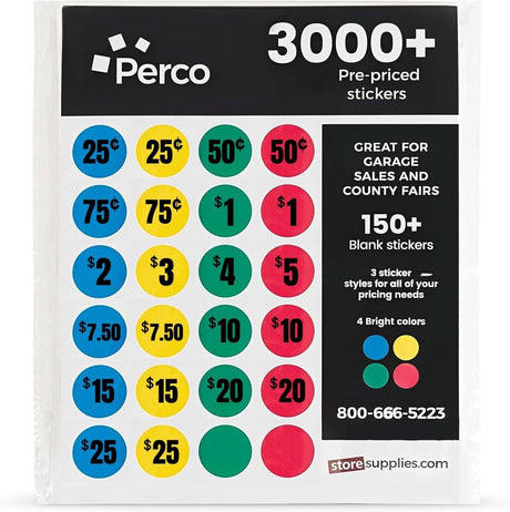 Perco Garage Price Stickers - 28 Sheets, 1100 Pre - Priced & Blank Stickers - Ideal for Yard Sales, Flea Markets, County Fairs & Retail Use - Store Supplies