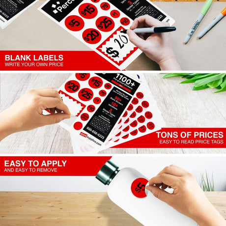 Perco Garage Price Stickers - 28 Sheets, 1100 Pre - Priced & Blank Stickers - Ideal for Yard Sales, Flea Markets, County Fairs & Retail Use - Store Supplies