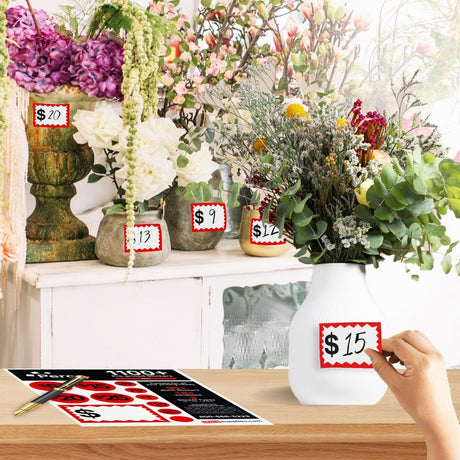 Perco Garage Price Stickers - 28 Sheets, 1100 Pre - Priced & Blank Stickers - Ideal for Yard Sales, Flea Markets, County Fairs & Retail Use - Store Supplies