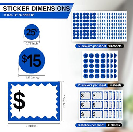 Perco Garage Price Stickers - 28 Sheets, 1100 Pre - Priced & Blank Stickers - Ideal for Yard Sales, Flea Markets, County Fairs & Retail Use - Store Supplies