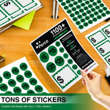 Perco Garage Price Stickers - 28 Sheets, 1100 Pre - Priced & Blank Stickers - Ideal for Yard Sales, Flea Markets, County Fairs & Retail Use - Store Supplies