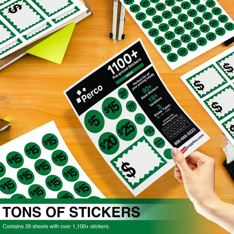 Perco Garage Price Stickers - 28 Sheets, 1100 Pre - Priced & Blank Stickers - Ideal for Yard Sales, Flea Markets, County Fairs & Retail Use - Store Supplies