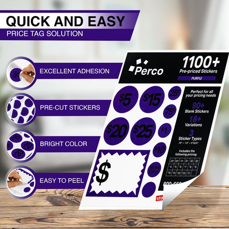 Perco Garage Price Stickers - 28 Sheets, 1100 Pre - Priced & Blank Stickers - Ideal for Yard Sales, Flea Markets, County Fairs & Retail Use - Store Supplies