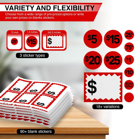 Perco Garage Price Stickers - 28 Sheets, 1100 Pre - Priced & Blank Stickers - Ideal for Yard Sales, Flea Markets, County Fairs & Retail Use - Store Supplies