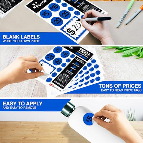 Perco Garage Price Stickers - 28 Sheets, 1100 Pre - Priced & Blank Stickers - Ideal for Yard Sales, Flea Markets, County Fairs & Retail Use - Store Supplies