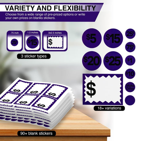 Perco Garage Price Stickers - 28 Sheets, 1100 Pre - Priced & Blank Stickers - Ideal for Yard Sales, Flea Markets, County Fairs & Retail Use - Store Supplies