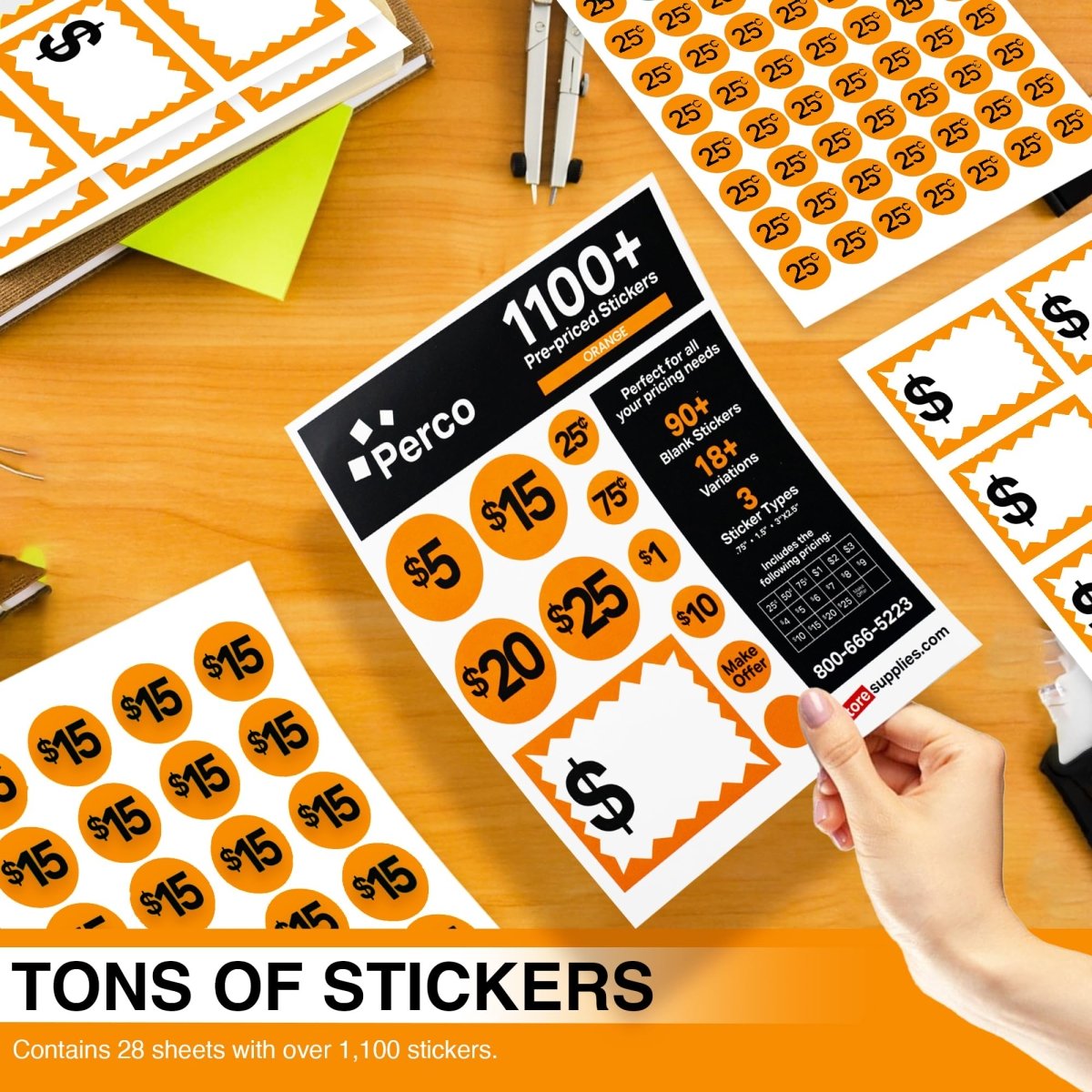 Perco Garage Price Stickers - 28 Sheets, 1100 Pre - Priced & Blank Stickers - Ideal for Yard Sales, Flea Markets, County Fairs & Retail Use - Store Supplies