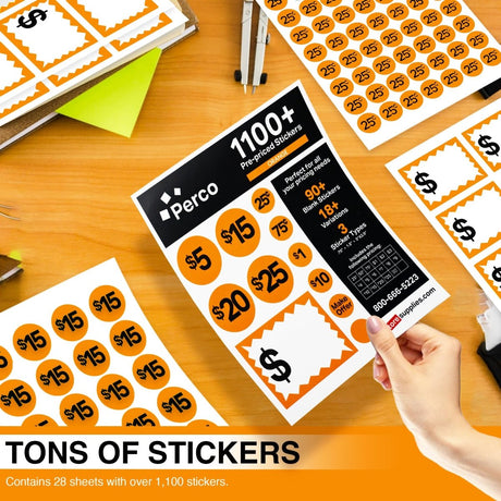 Perco Garage Price Stickers - 28 Sheets, 1100 Pre - Priced & Blank Stickers - Ideal for Yard Sales, Flea Markets, County Fairs & Retail Use - Store Supplies