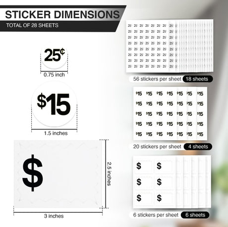 Perco Garage Price Stickers - 28 Sheets, 1100 Pre - Priced & Blank Stickers - Ideal for Yard Sales, Flea Markets, County Fairs & Retail Use - Store Supplies