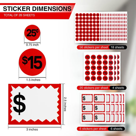 Perco Garage Price Stickers - 28 Sheets, 1100 Pre - Priced & Blank Stickers - Ideal for Yard Sales, Flea Markets, County Fairs & Retail Use - Store Supplies