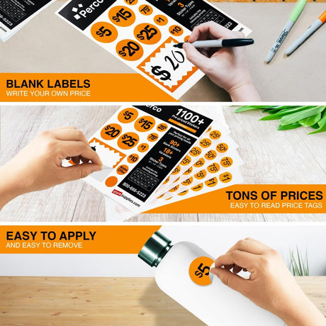 Perco Garage Price Stickers - 28 Sheets, 1100 Pre - Priced & Blank Stickers - Ideal for Yard Sales, Flea Markets, County Fairs & Retail Use - Store Supplies