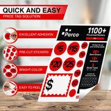 Perco Garage Price Stickers - 28 Sheets, 1100 Pre - Priced & Blank Stickers - Ideal for Yard Sales, Flea Markets, County Fairs & Retail Use - Store Supplies