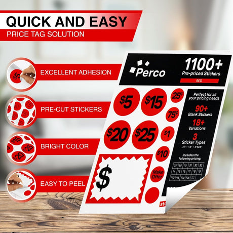 Perco Garage Price Stickers - 28 Sheets, 1100 Pre - Priced & Blank Stickers - Ideal for Yard Sales, Flea Markets, County Fairs & Retail Use - Store Supplies