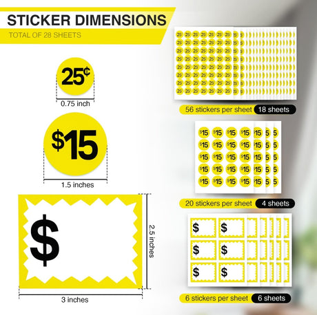 Perco Garage Price Stickers - 28 Sheets, 1100 Pre - Priced & Blank Stickers - Ideal for Yard Sales, Flea Markets, County Fairs & Retail Use - Store Supplies