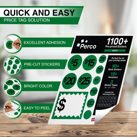 Perco Garage Price Stickers - 28 Sheets, 1100 Pre - Priced & Blank Stickers - Ideal for Yard Sales, Flea Markets, County Fairs & Retail Use - Store Supplies