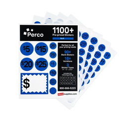 Perco Garage Price Stickers - 28 Sheets, 1100 Pre-Priced & Blank Stickers- Ideal for Yard Sales, Flea Markets, County Fairs & Retail Use