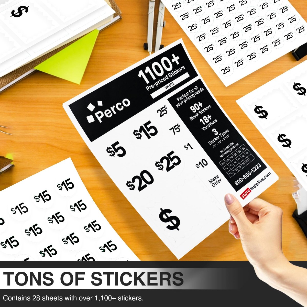 Perco Garage Price Stickers - 28 Sheets, 1100 Pre - Priced & Blank Stickers - Ideal for Yard Sales, Flea Markets, County Fairs & Retail Use - Store Supplies