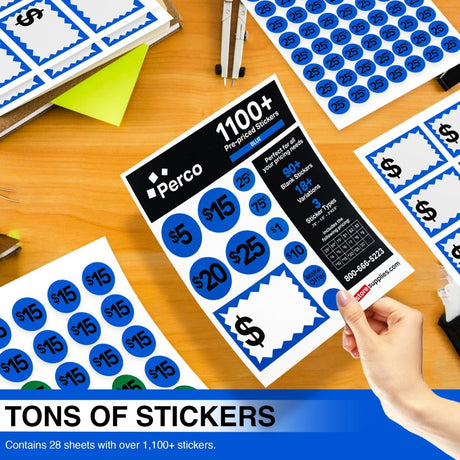 Perco Garage Price Stickers - 28 Sheets, 1100 Pre - Priced & Blank Stickers - Ideal for Yard Sales, Flea Markets, County Fairs & Retail Use - Store Supplies