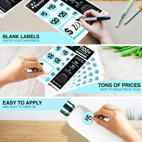 Perco Garage Price Stickers - 28 Sheets, 1100 Pre - Priced & Blank Stickers - Ideal for Yard Sales, Flea Markets, County Fairs & Retail Use - Store Supplies