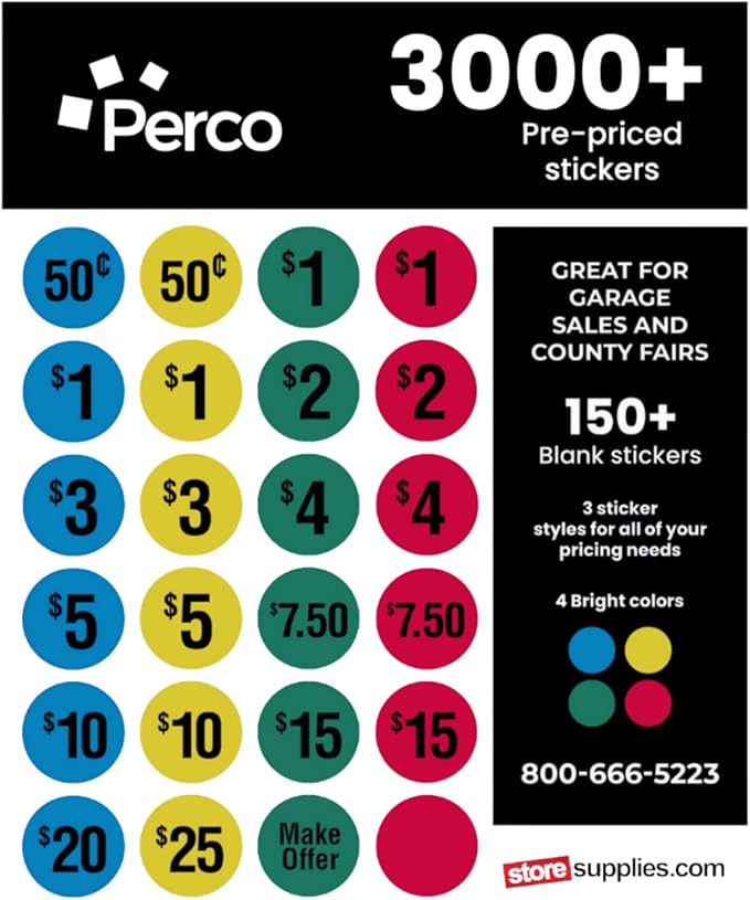 Perco Garage Price Stickers - 28 Sheets, 1100 Pre - Priced & Blank Stickers - Ideal for Yard Sales, Flea Markets, County Fairs & Retail Use - Store Supplies