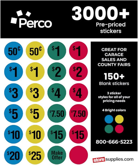 Perco Garage Price Stickers - 28 Sheets, 1100 Pre - Priced & Blank Stickers - Ideal for Yard Sales, Flea Markets, County Fairs & Retail Use - Store Supplies