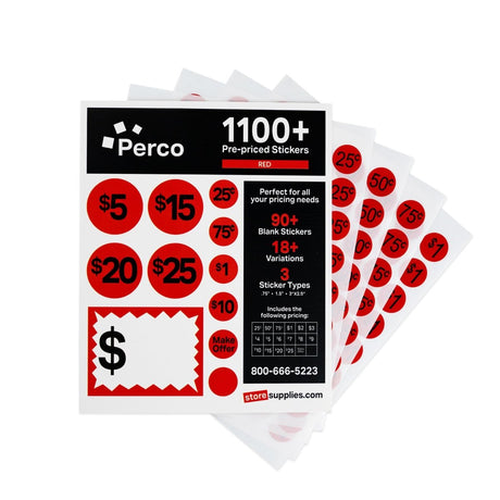 Perco Garage Price Stickers - 28 Sheets, 1100 Pre - Priced & Blank Stickers - Ideal for Yard Sales, Flea Markets, County Fairs & Retail Use - Store Supplies
