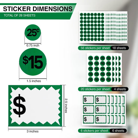 Perco Garage Price Stickers - 28 Sheets, 1100 Pre - Priced & Blank Stickers - Ideal for Yard Sales, Flea Markets, County Fairs & Retail Use - Store Supplies