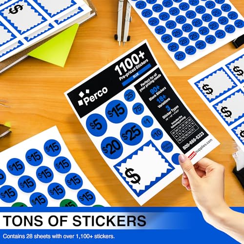 Perco Garage Price Stickers - 28 Sheets, 1100 Pre - Priced & Blank Stickers - Ideal for Yard Sales, Flea Markets, County Fairs & Retail Use - Store Supplies