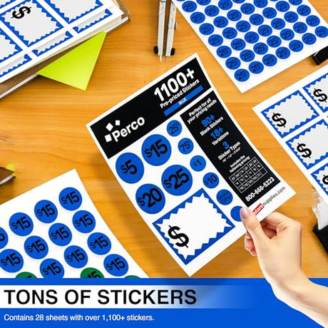 Perco Garage Price Stickers - 28 Sheets, 1100 Pre - Priced & Blank Stickers - Ideal for Yard Sales, Flea Markets, County Fairs & Retail Use - Store Supplies